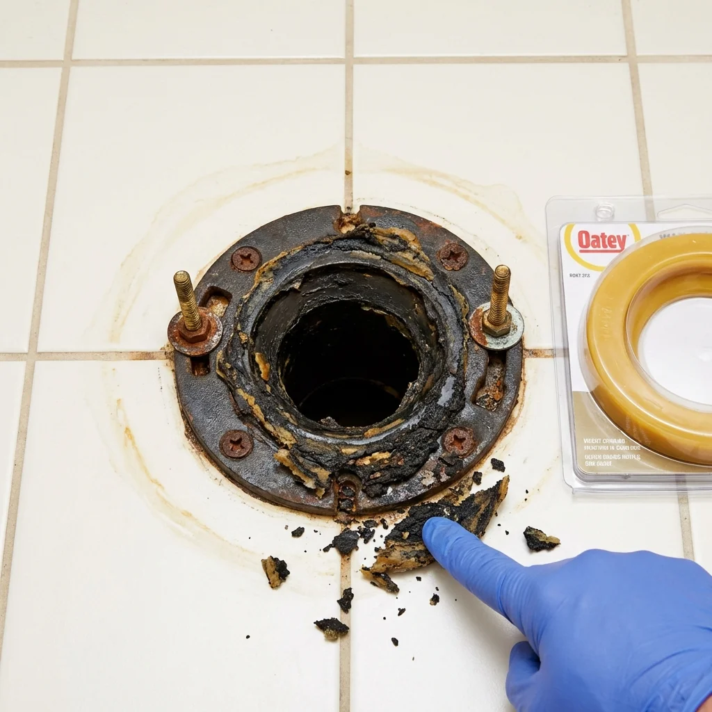 Failed wax ring showing water seepage at the base of a toilet in a Angola, NY home