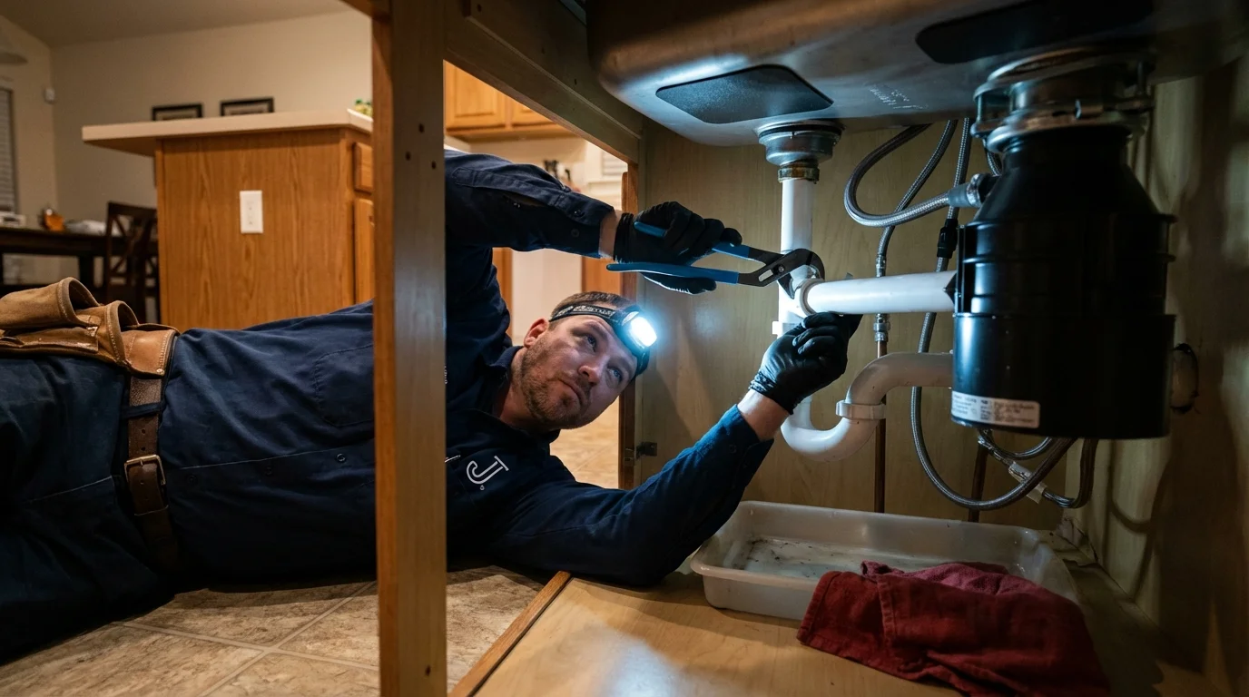 P-trap and supply line connections under a kitchen sink showing a common leak point in Angola, NY